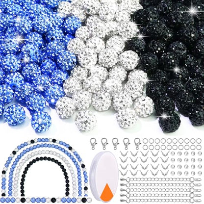 Dowarm 255PCS 10mm Rhinestone Beads for Baseball Rhinestone Necklace Bracelet Jewelry Making, Round Polymer Clay Beads for Crafts Beaded Pen, Shamballa Pave Diamond Bead, Ice Blue|White|Black - color: 11-Ice Blue | White | Black