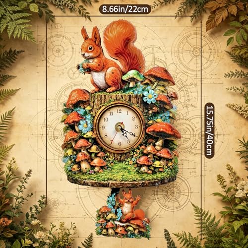 3D Wooden Puzzle Squirrel Clock Mechanical DIY Model Kit with Pendulum Forest Animal Gear Desk Clock Mushroom Decor Challenging Craft Gift for Adults Men Women