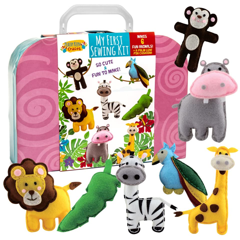 Peachy Keen Crafts Kids Sewing Kit, Learn to Sew for Ages 8-12, Beginner Felt Craft Kit, Make 6 Fun Stuffed Animals and A Pin Cushion, Teach Basic Stitches
