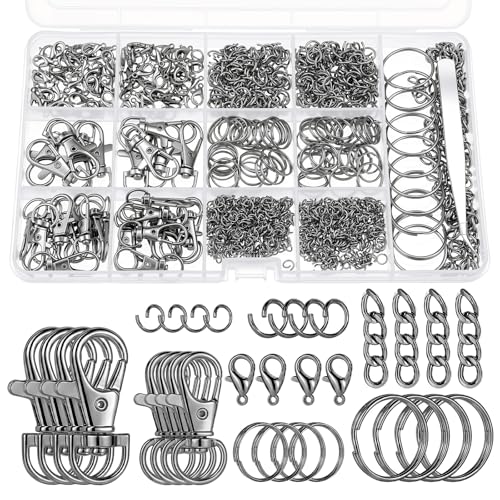 1130Pcs Keychain Making Kit, Jump Rings & Clasps Set, Black - color: Black
