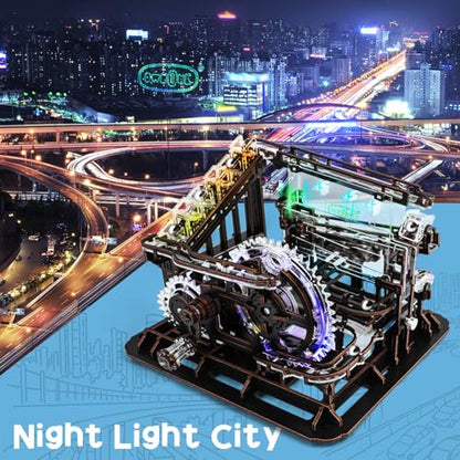 3D Wooden Puzzle Marble Run Mechanical Model Kit with LED Lights for Adults - style: Marble Run with LED Light