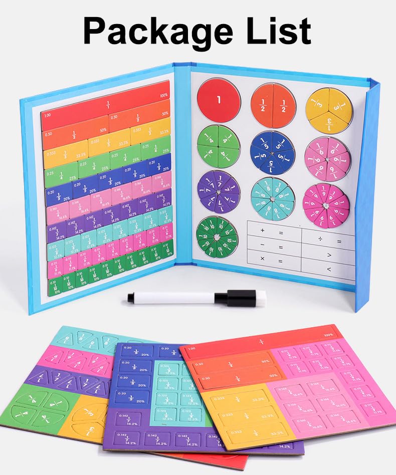 Magnetic Fraction Educational Puzzle, Magnetic Fraction Demonstration Book with Fraction Tiles & Circles, Fraction Manipulatives for Elementary School, Math Learning Skills for Kids