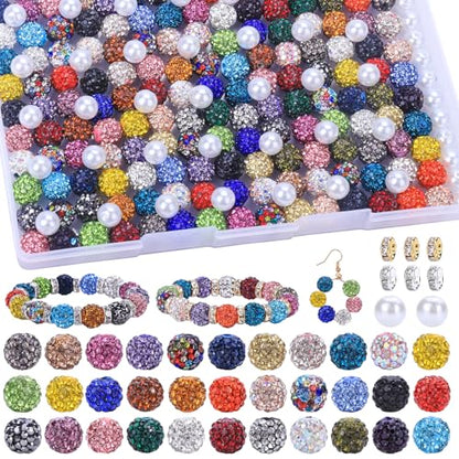 AIPRIDY Jewelry Making Beads Set, 300 PCS 10mm Rhinestone Clay Beads, 8mm Mixed Color Spacer Beads with Pearl and Floral Beads for DIY Jewelry Making (Random Mixed) - color: Random Mixed