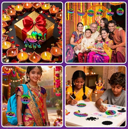JULMELON 36 Pcs Diwali Crafts for Kids Rainbow Scratch Art Party Favors - style: Diwali