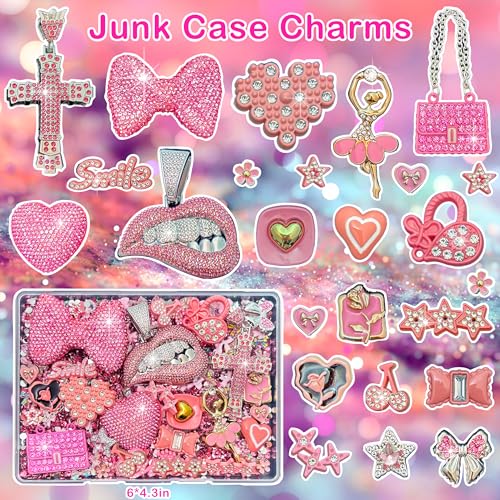 Junk Case Charms Kit, Pink Junks Phones Cases 3D Rhinestone Cool teeth and lips And Bows Chain Bags Hearts And Cross Flowers And Other Bedazzling Kits Can Be Used In DIY Phone Case Designs