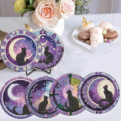 Diamond Art Coasters Kit, 6 Pieces Cat Diamond Painting Coasters Kit - color: Black Cat