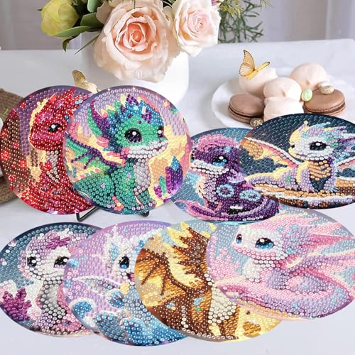 Xylogist 8 PCS Dragon Diamond Art Coasters for Adults with Holder 4X4 inch - color: Dragon Coasters