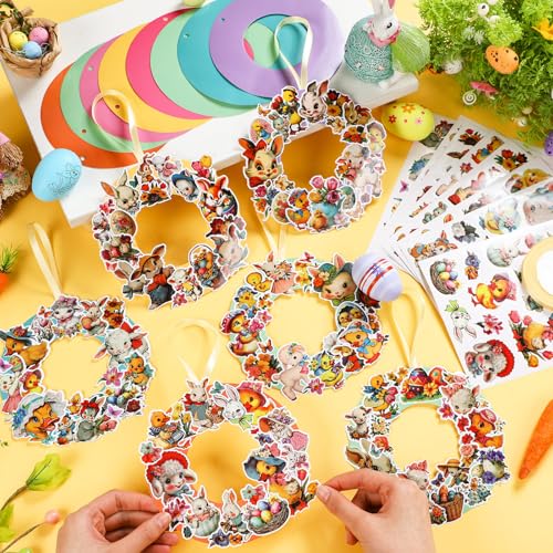 Hollowfly 48 Sets Easter Wreath Craft Kits, DIY Spring Bunny Paper Crafts - style: Vintage Easter