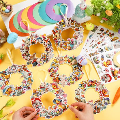 Hollowfly 48 Sets Easter Wreath Craft Kits, DIY Spring Bunny Paper Crafts - style: Vintage Easter