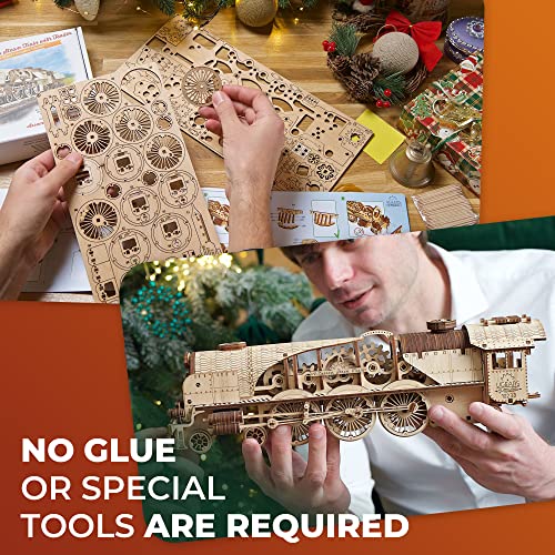UGEARS Mini Locomotive + V-Express Steam Train with Tender Idea- 3D Wooden Puzzle Model Kits for Adults