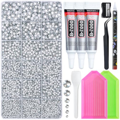 32000 Pcs Resin Jelly Rhinestones Kit, Sliver Clear 2/3/4/5/6mm Flatback Rhinestones with 3 Pcs B7000 Jewelry Glue & Tools, All-in-One Bedazzling Kit for DIY Arts & Crafts Gifts - color: Sliver Clear