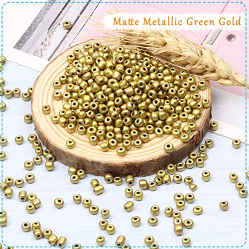5000pcs Green Gold Glass Seed Beads Bulk, Small Tiny Waist Spacer Beads for Bracelet, Necklace Jewelry Making, DIY Craft Projects(3mm 8/0) - color: Matte Metallic Green Gold, size: 3mm