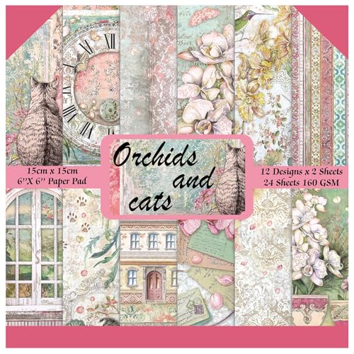 24 Sheets 6"x6" Scrapbook Paper Single-Sided Pattern Decorative Paper - color: 24 sheets-Orchids and Cat