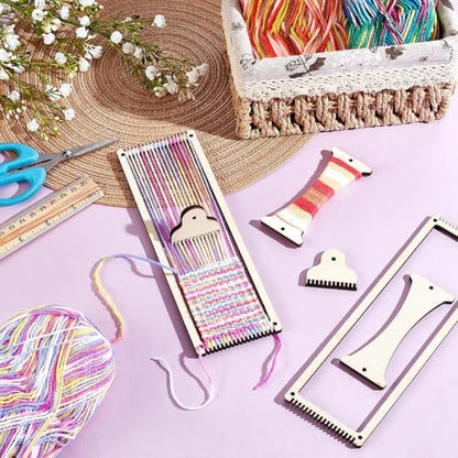 AHANDMAKER 2 Sets Weaving Loom Kit Weaving Frame Set with Yarns,Rods,Combs,Shuttles 2.6 x 8 Inch Wood Bookmark Knitting Loom for Adults Weaving Lovers, Contains Enough Weaving Yarn