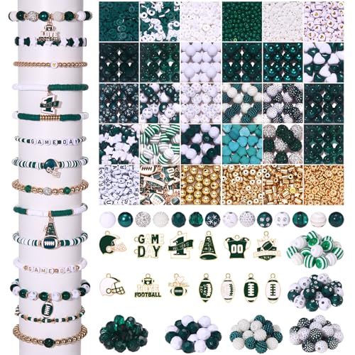 2200PCS+ Game Day Beads Charms for Bracelet Making Polymer Clay Beads Crystal Pearl Letter Gold Spacer Beads Football Charms for Game Day Bracelet Necklace Making DIY Crafts - color: Green White