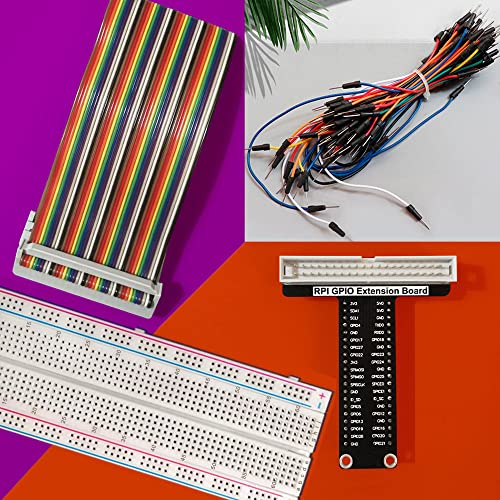 for Raspberry Pi GPIO Breakout, T-Type GPIO Expansion Board+830 Points Solderless Breadboard+65pcs Jumper Cables+40pin Rainbow Ribbon Cable