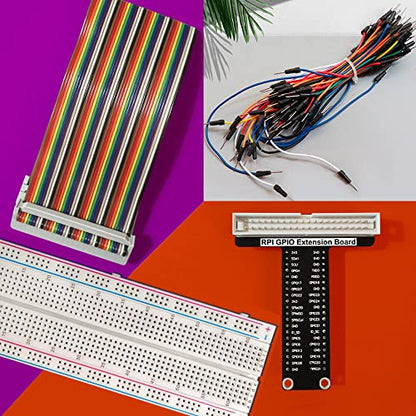 for Raspberry Pi GPIO Breakout, T-Type GPIO Expansion Board+830 Points Solderless Breadboard+65pcs Jumper Cables+40pin Rainbow Ribbon Cable