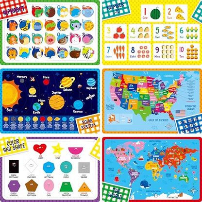6 Pack Placemats for Kids, Non-Slip Washable, Reusable Alphabet, Number, Shape & Color, Universe, Map Themed Educational Placemats for Home, Kindergarten, Classroom, Nursery - style: Style-A