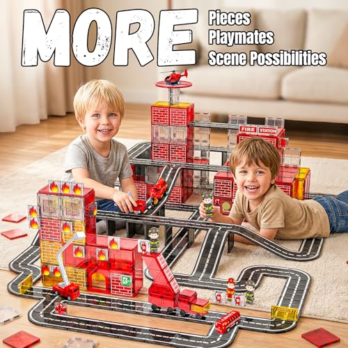 141PCS Magnetic Tiles for kids, Fire Rescue Theme Magnet Tiles with Fire Station & Fire Rescue Vehicles, STEM Magnetic Tiles for Kids Ages 4-8, Preschool Educational Building Toys for Boys & Girls - style: 141PCS Fire Station Magnetic Tiles