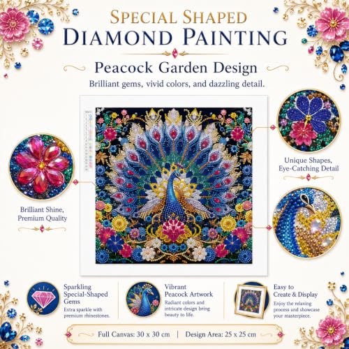 JATOK Diamond Art Kits for Adults, Peacock, Special-Shaped Gems - color: Amber