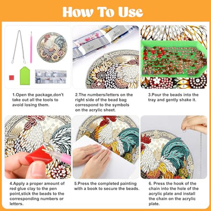 AIRDEA Hanging Diamond Painting Kits Rooster,Special Shaped Diamond Art Kits Farm Gem Art Pendant Decor,19.8x19.7cm - color: yellow red brown