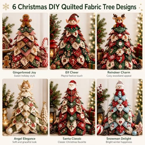 DIY Halloween Christmas Quilted Fabric Tree Kit, 3D Padded Patchwork Sewing Craft Kit for Beginners, Home Office Mantel Shelf Tabletop Decor, Handmade Holiday Gift for Craft Lovers (Christmas #F)
