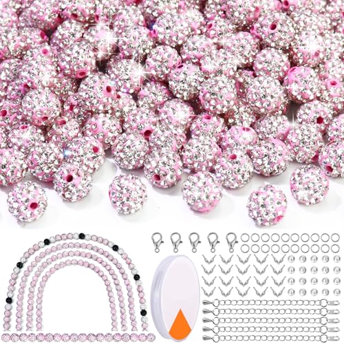 Dowarm 255PCS 10mm Rhinestone Beads, Pink Rhinestone Clay Beads for Baseball Necklace Bracelet Jewelry Making Crafts Beaded Pen, Round Polymer Clay Shamballa Pave Disco Diamond Bead - color: 02-Pink