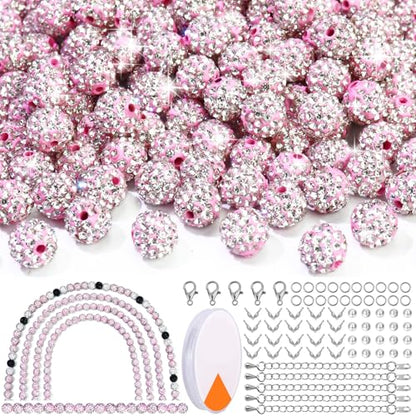 Dowarm 255PCS 10mm Rhinestone Beads, Pink Rhinestone Clay Beads for Baseball Necklace Bracelet Jewelry Making Crafts Beaded Pen, Round Polymer Clay Shamballa Pave Disco Diamond Bead - color: 02-Pink