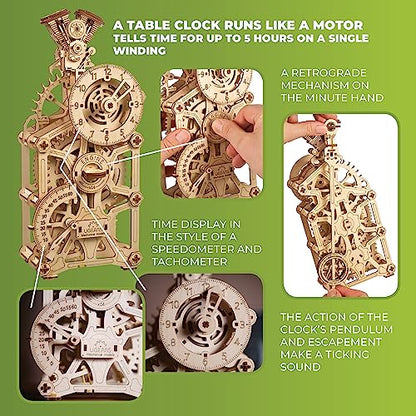 UGEARS Engine Clock 3D Wooden Puzzles for Adults – Wooden Model Kits for Adults, Mechanical Clock Kit with Moving Pistons, Steam Engine Kits, Clocks Kits for Do It Yourself, Brain Teaser 3D Puzzle