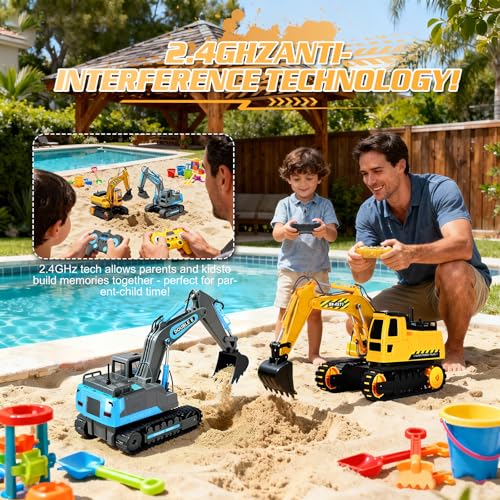 DOUBLE E Remote Control Excavator Toy, 2*Batteries 2.4GHz RC Excavator, 6-in-1 Digging/360° Rotation, 20M Range Sandbox Construction Toys Birthday Gift for Boys/Kids 6+ Years - color: Yellow