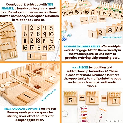 LITTLE BUD KIDS Counting Pegs - A Ten Frame Math Game with Addition and Subtraction Flash Cards, A Wooden Montessori Math Toy & Math Manipulatives Number Peg Boards for Kids 3 4 5 6 7