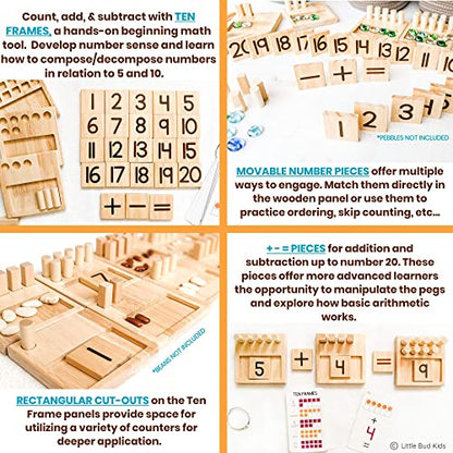 LITTLE BUD KIDS Counting Pegs - A Ten Frame Math Game with Addition and Subtraction Flash Cards, A Wooden Montessori Math Toy & Math Manipulatives Number Peg Boards for Kids 3 4 5 6 7
