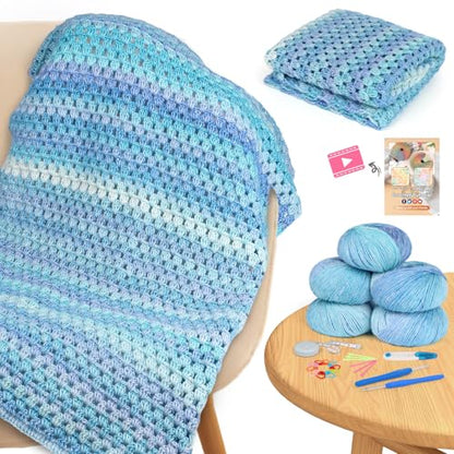 Aeelike Crochet Blanket Kit for Beginners, Easy Crochet Kits, Blue Gradient - color: Aurora Blue Gradient