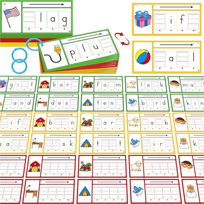 CVCC & CCVC Word Writing Cards, 81 Double-Sided Handwriting Cards 3-Level Words Spelling Flashcards Phonics Sight Words Early Educational Tool for Kids 3 4 5 Years Old (3 Plastic Rings Included) - style: CVCC & CCVC Word Writing Cards