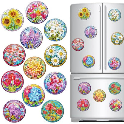 Zonon 12 Pcs Diamond Art Magnets for Refrigerator, Floral Diamond Painting - color: Boho, style: Flower