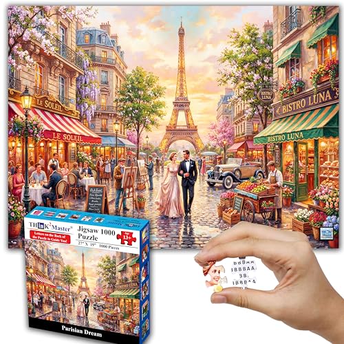 Think2Master Parisian Dream 1000 Pieces Large Format Jigsaw Puzzle: 13+, Teens, Adults & Families. Romantic European Getaway. French Cafe with Eiffel Tower at Sunset. Great Gift. Size: 26.8” X 18.9” - style: Parisian Dream