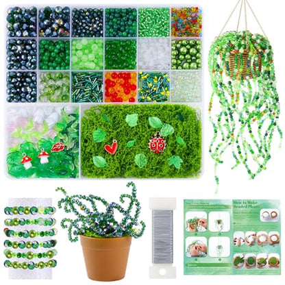 FOGWOWO 2628 Pcs Beaded Plant Kit,Glass Green Beads for Beaded Plants - color: Green C (No Pot & Foam)