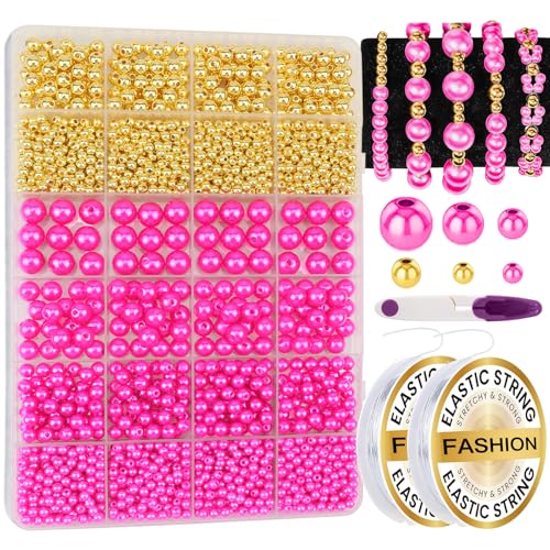 2116 Pcs Hot Pink Pearl Bracelet Making Kit Gold Beads for Bracelets - color: 15-Hot Pink & Gold