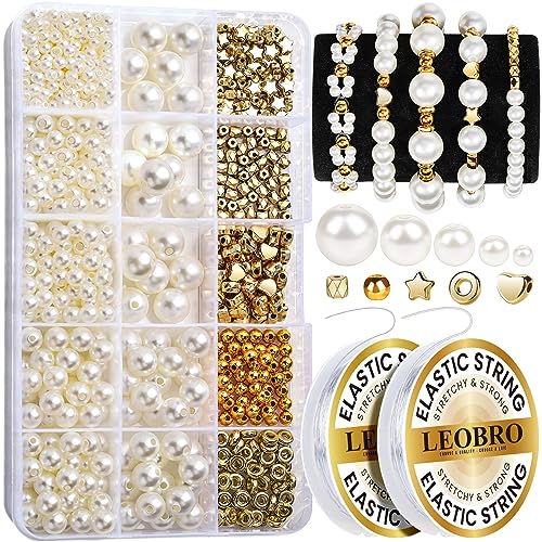 LEOBRO Pearl Beads for Bracelets, 720PCS Bracelet Making Kit for Adult, Bracelet Bead Kits, Small Pearl Beads and Gold Beads for Bracelets, Jewelry Making Kit - color: Creamy White