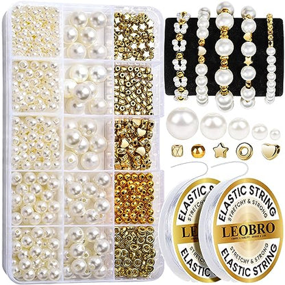 LEOBRO Pearl Beads for Bracelets, 720PCS Bracelet Making Kit for Adult, Bracelet Bead Kits, Small Pearl Beads and Gold Beads for Bracelets, Jewelry Making Kit - color: Creamy White