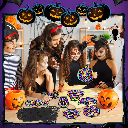 32 Sets Halloween Suncatchers Craft Kit DIY Window Stained Glass Effect Ghost Spider Skull Pumpkin Paper Crafts Home School Classroom Decoration Kid Birthday Gift Creative Art Project Activity Game - style: Halloween