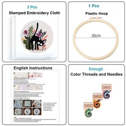 Konrisa 3pcs Embroidery Kits for Beginners Creative Black Cat and Flower Pattern Cross Stitch Practice Kit DIY Sewing Needlepoint, Include 1pcs Hoop - color: black cats