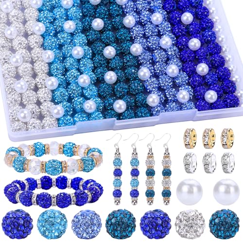 AIPRIDY Jewelry Making Beads Set, 300 PCS 10mm Rhinestone Clay Beads, 8mm Mixed Color Spacer Beads with Pearl and Floral Beads for DIY Jewelry Making (White + Blue Series) - color: White + Blue Series