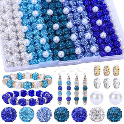 AIPRIDY Jewelry Making Beads Set, 300 PCS 10mm Rhinestone Clay Beads, 8mm Mixed Color Spacer Beads with Pearl and Floral Beads for DIY Jewelry Making (White + Blue Series) - color: White + Blue Series