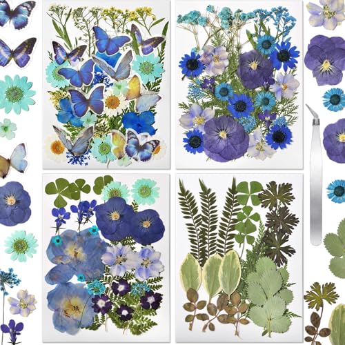 Pressed Flowers112 Pcs, Dried Pressed Flowers with 10Butterfly Stickers - size: 112 pcs Blue Dried Flowers with Butterfly Stickers
