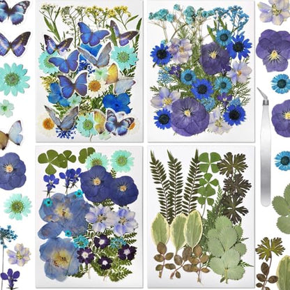 Pressed Flowers112 Pcs, Dried Pressed Flowers with 10Butterfly Stickers - size: 112 pcs Blue Dried Flowers with Butterfly Stickers