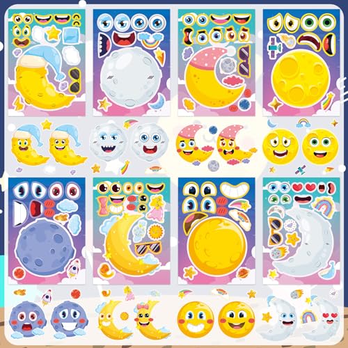 24 Sheets Moon Make a Face Sticker, Moon Mix and Match Stickers DIY Crafts for Home School Classroom Activity Reward Party Favors - style: Moon