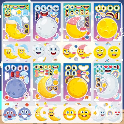 24 Sheets Moon Make a Face Sticker, Moon Mix and Match Stickers DIY Crafts for Home School Classroom Activity Reward Party Favors - style: Moon