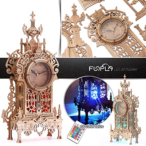 FUNPOLA 3D Wood Puzzle LED Tower Clock, 3D Puzzle Building Desktop Clock Model DIY Architectural Building Blocks (LED-TC01 Wood)