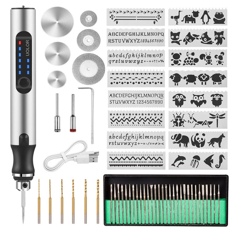 Uolor USB Rechargable Engraving Pen with 42 Bits, Mini Electric DIY Engraver Cordless Rotary Tools Portable Engraving Tool for Jewelry Wood Metal Stone Plastic Glass Etching